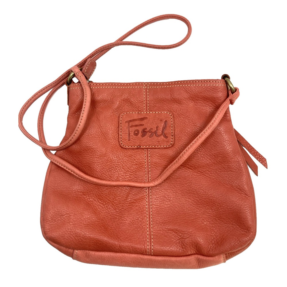 Vtg FOSSIL Coral Red Leather Crossbody Purse Bag W/FOSSIL retail Card
